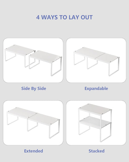 JEPEErbz Kitchen Cupboard Organiser, 2-Pack Cabinet Storage Shelf Organizer Rack, Metal Expandable Spice Holder, Stackable Storage Shelves for Cupboard, Shelf Insert, Countertop, Pantry (White)