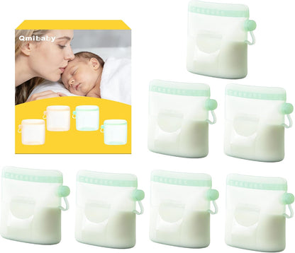 Reusable Silicone Breast Milk Storage Bags with Wide Opening, Double-Seal Design, One-Piece, Fridge and Freezer Storable (Green, 7 Packs)