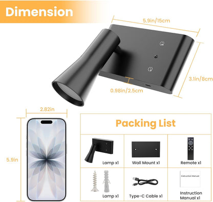 Battery Operated Wall Sconces Rotatable, Wireless Rechargeable Wall Sconce, Dimmable & 3 Colors Wall Mounted Reading Light, Black Wall Lamps Remote Control for Bedroom Living Room (1 Pack) [Energy Class G]