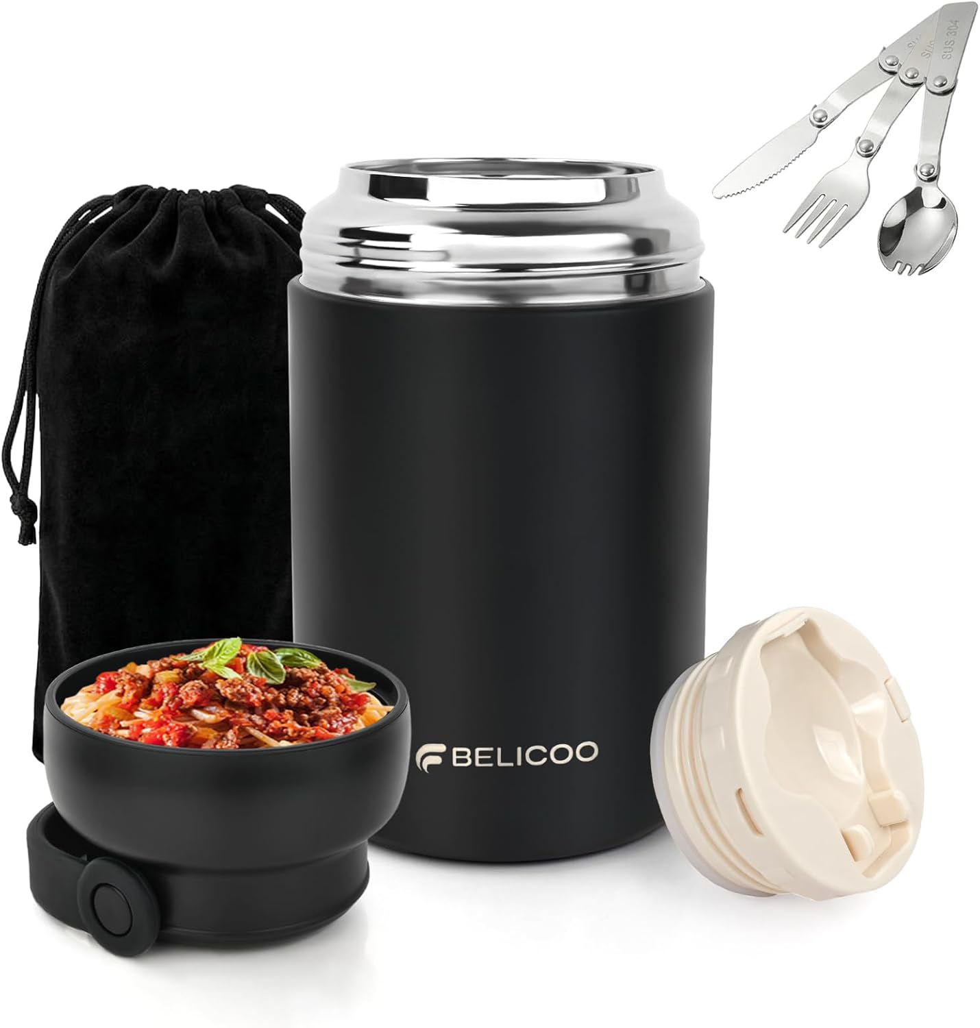 Food Flask, 600ml (21oz) 316 Stainless Steel Vacuum Insulated Food Container, Food Flasks for Hot/Cold Food, Leak Proof Soup Containers with Bag & Spoon (Black)