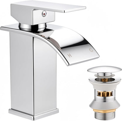 Waterfall Bathroom Basin Mixer Tap, 304 Stainless Steel with Pop-Up Waste
