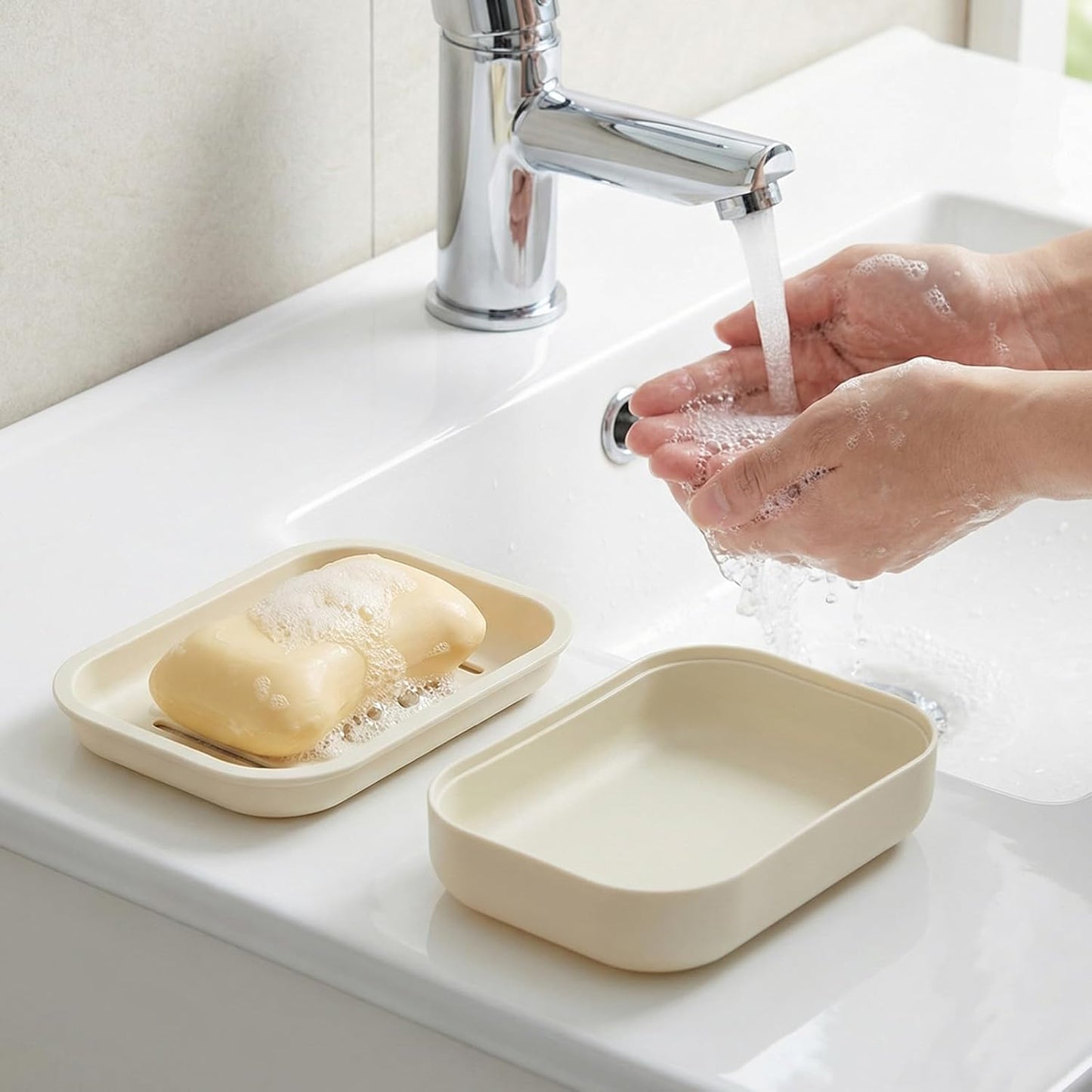 2PCS Soap Dish, Soap Dish for Shower, Double Soap Dish with Drainage, Anti-Slip and PortableSoap Holder for Bathroom, Kitchen Sponges, Keep Soap Dry and Clean(White & Khaki)