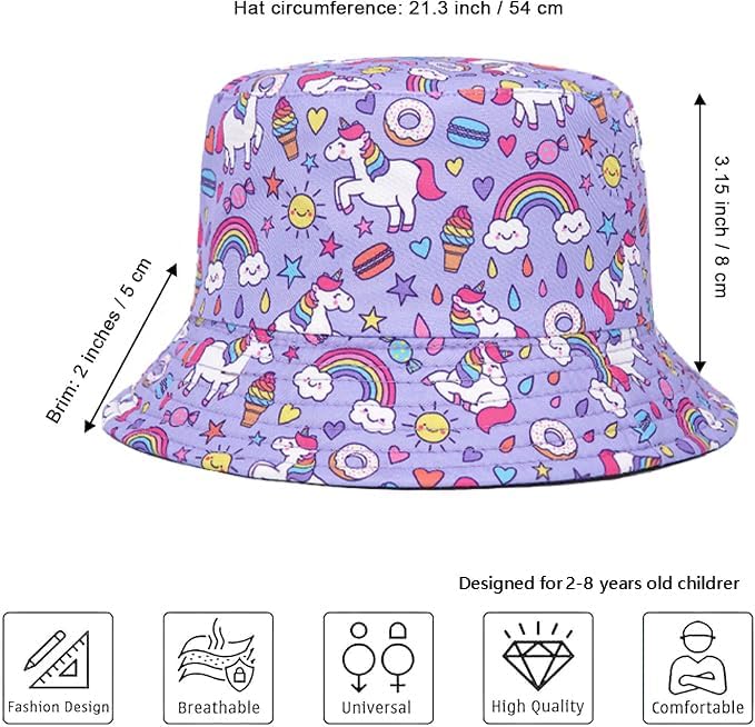 QKURT Kids Sun Hat, Children Sun Protection Bucket Hat Reversible Beach Cap Fishing Hats Summer Fisherman Hats with Unicorn for Outdoor Play for Girls 2-8 Years Old