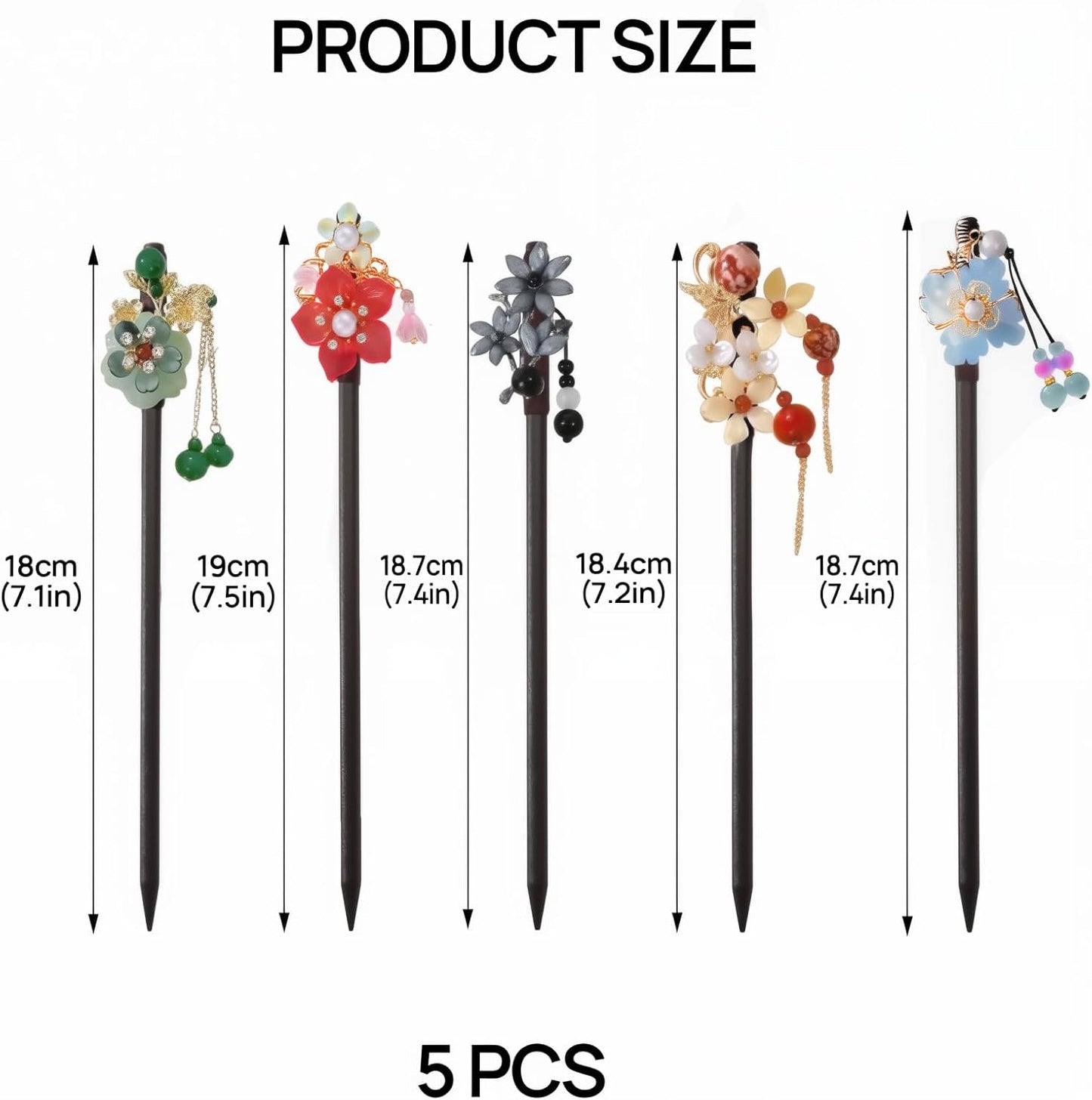 5 Pack Chinese Wood Hair Sticks With Tassel, Dangling Crystal Beads, Charm Fork - Long Straight Chopstick Picks for Twist Bun Holder - Women's Accessories