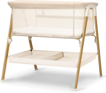 JevrJeur Baby Bassinet, Bedside Bassinet for Baby, Bassinet Bedside Sleeper with Mattress, Storage Basket and 4 Auto-Lock Wheels, Full-Mesh Sides, Bedside