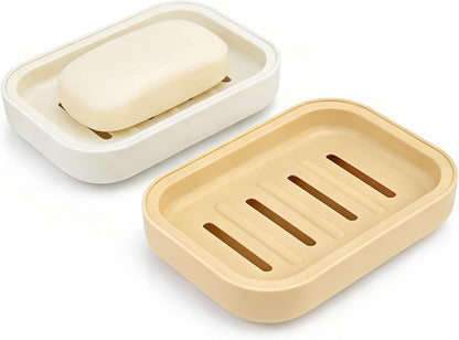 2PCS Soap Dish, Soap Dish for Shower, Double Soap Dish with Drainage, Anti-Slip and PortableSoap Holder for Bathroom, Kitchen Sponges, Keep Soap Dry and Clean(White & Khaki)