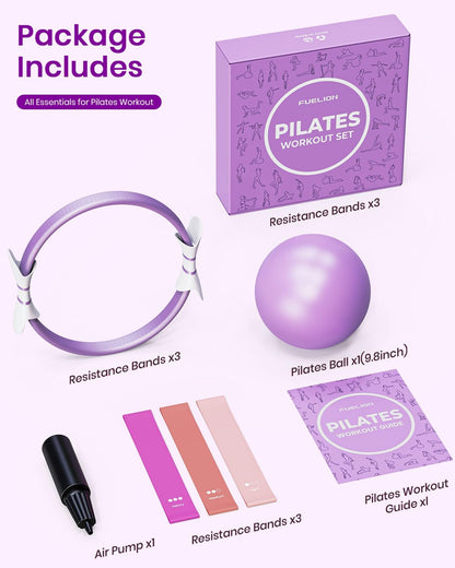 Pilates Ring Set - Fuelion Pilates Kit with 14" Magic Circle Dual Padded Handles,9.8" Mini Ball,3 Resistance Bands(15, 25, 35 lbs),Pump&Workout Guide,Pilates Equipment for Strength,Flexibility,Toning