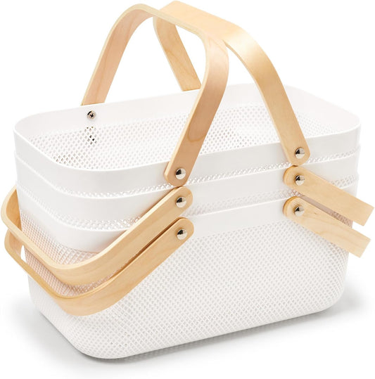 EZOWare plastic mesh garden harvest baskets in white with wooden handles for easy carrying