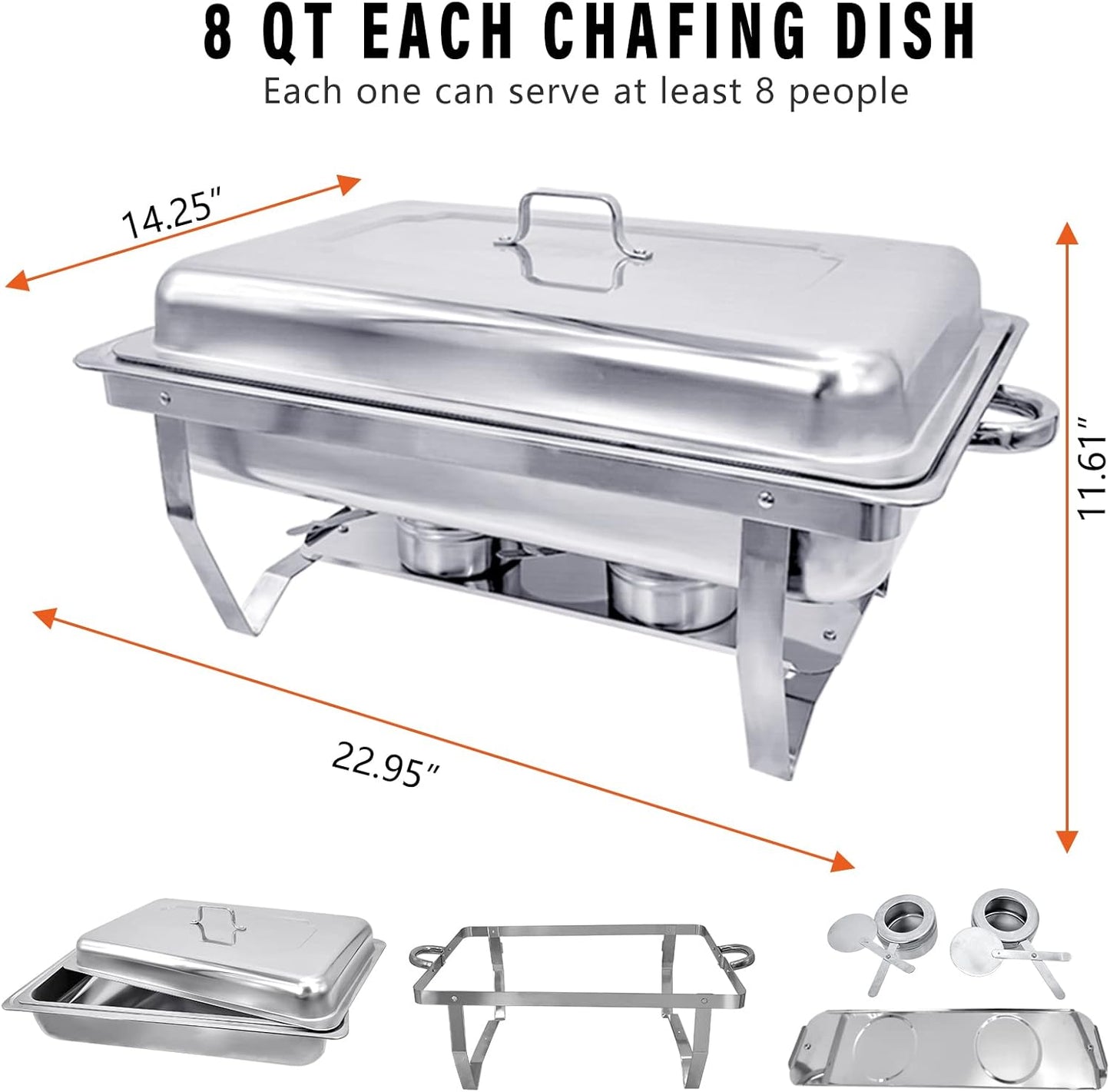 8 Qt Chafing Dish Stainless Steel Silver Rectangular Catering Food Warmer with Trays Pan Lid Folding Frame Stand for Banquet Dining Kitchen Party