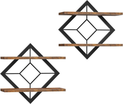 Floating Shelves Set of 2, Diamond-Shaped Wall Shelf, Rustic Brown