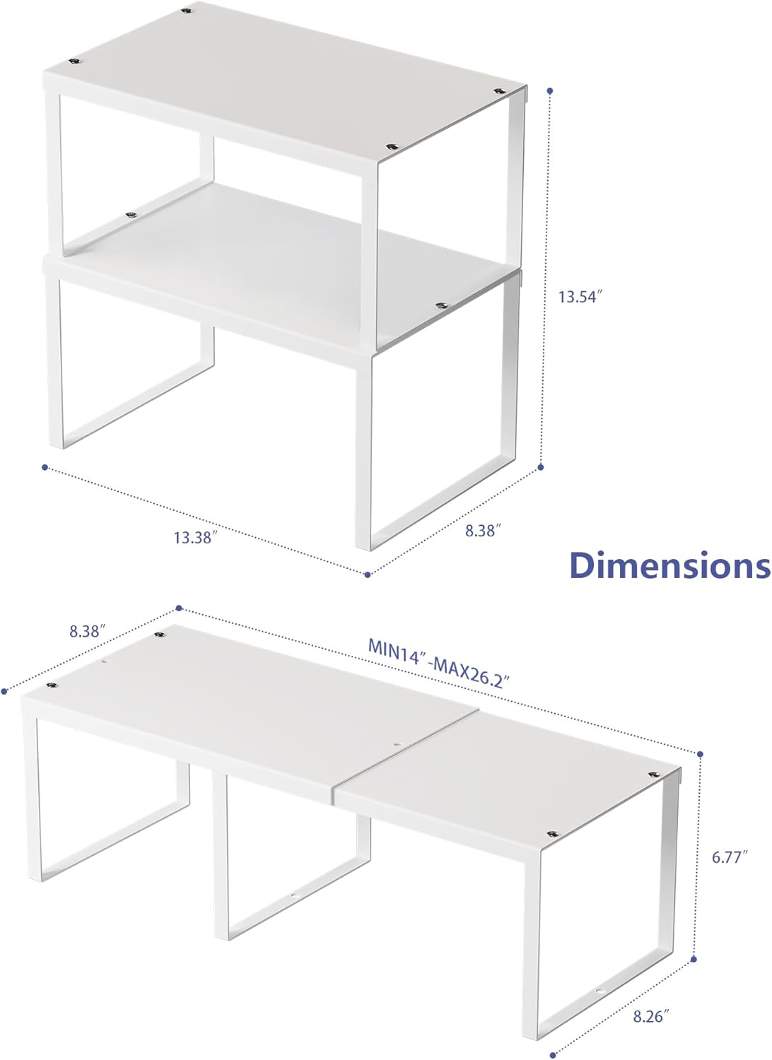 JEPEErbz Kitchen Cupboard Organiser, 2-Pack Cabinet Storage Shelf Organizer Rack, Metal Expandable Spice Holder, Stackable Storage Shelves for Cupboard, Shelf Insert, Countertop, Pantry (White)