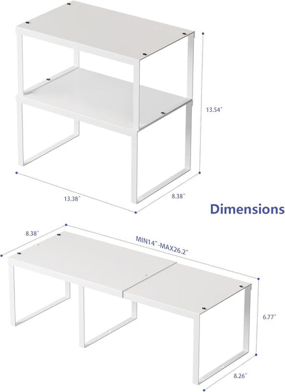 JEPEErbz Kitchen Cupboard Organiser, 2-Pack Cabinet Storage Shelf Organizer Rack, Metal Expandable Spice Holder, Stackable Storage Shelves for Cupboard, Shelf Insert, Countertop, Pantry (White)