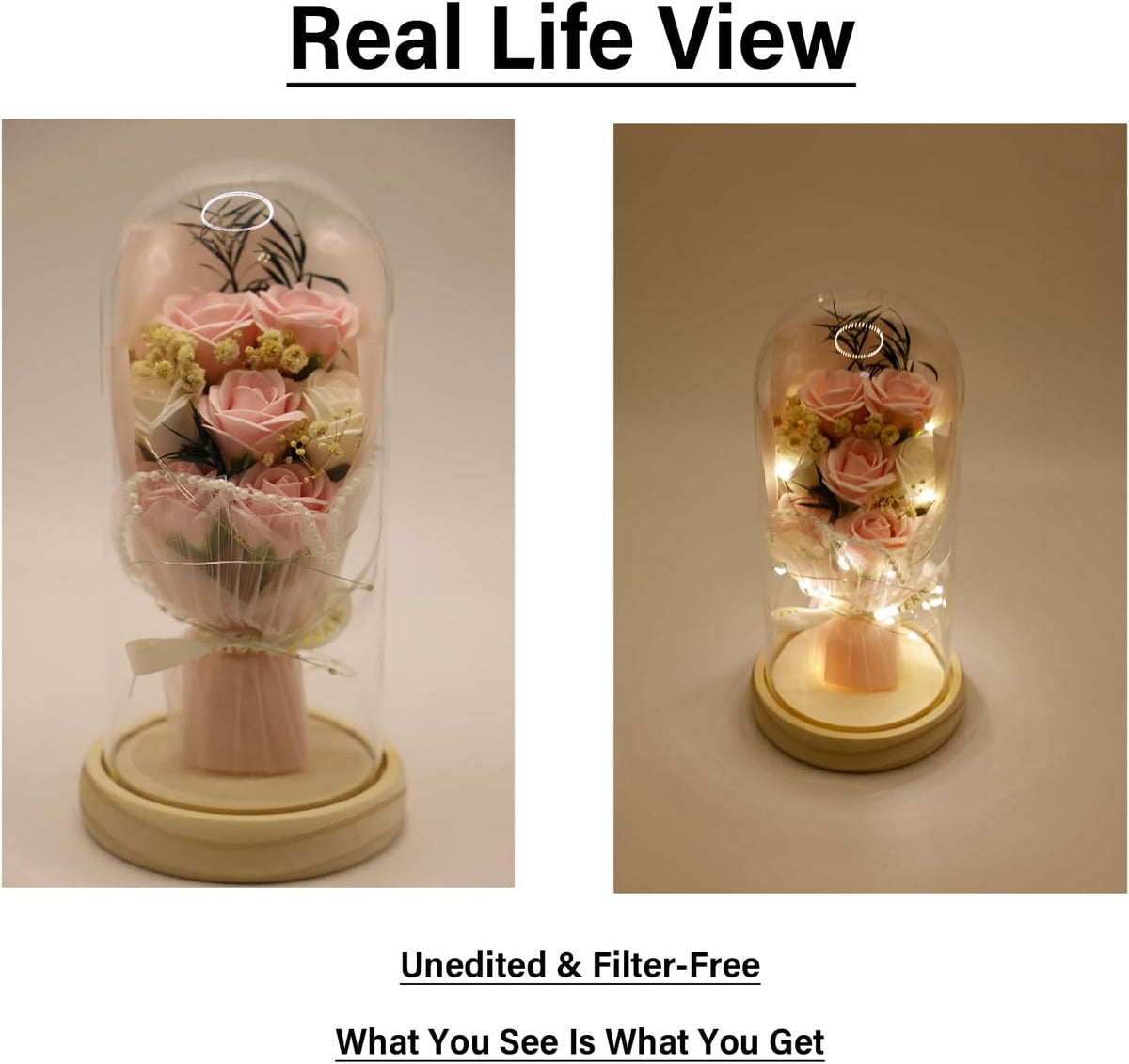 Artificial Roses in Glass Dome with LED Lights, Gift for Mum, Women & Grandma [Pink]