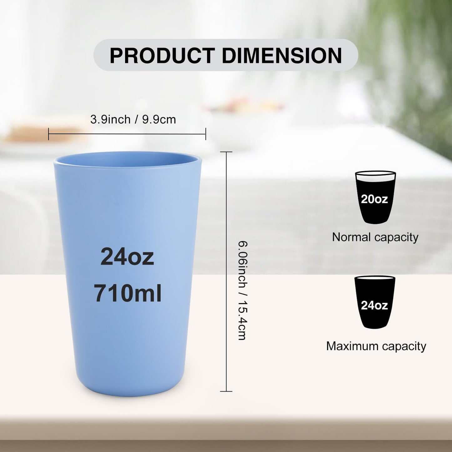 16oz/710ml Reusable Drinking Cups, 8 Pack Plastic Tumblers for Adults