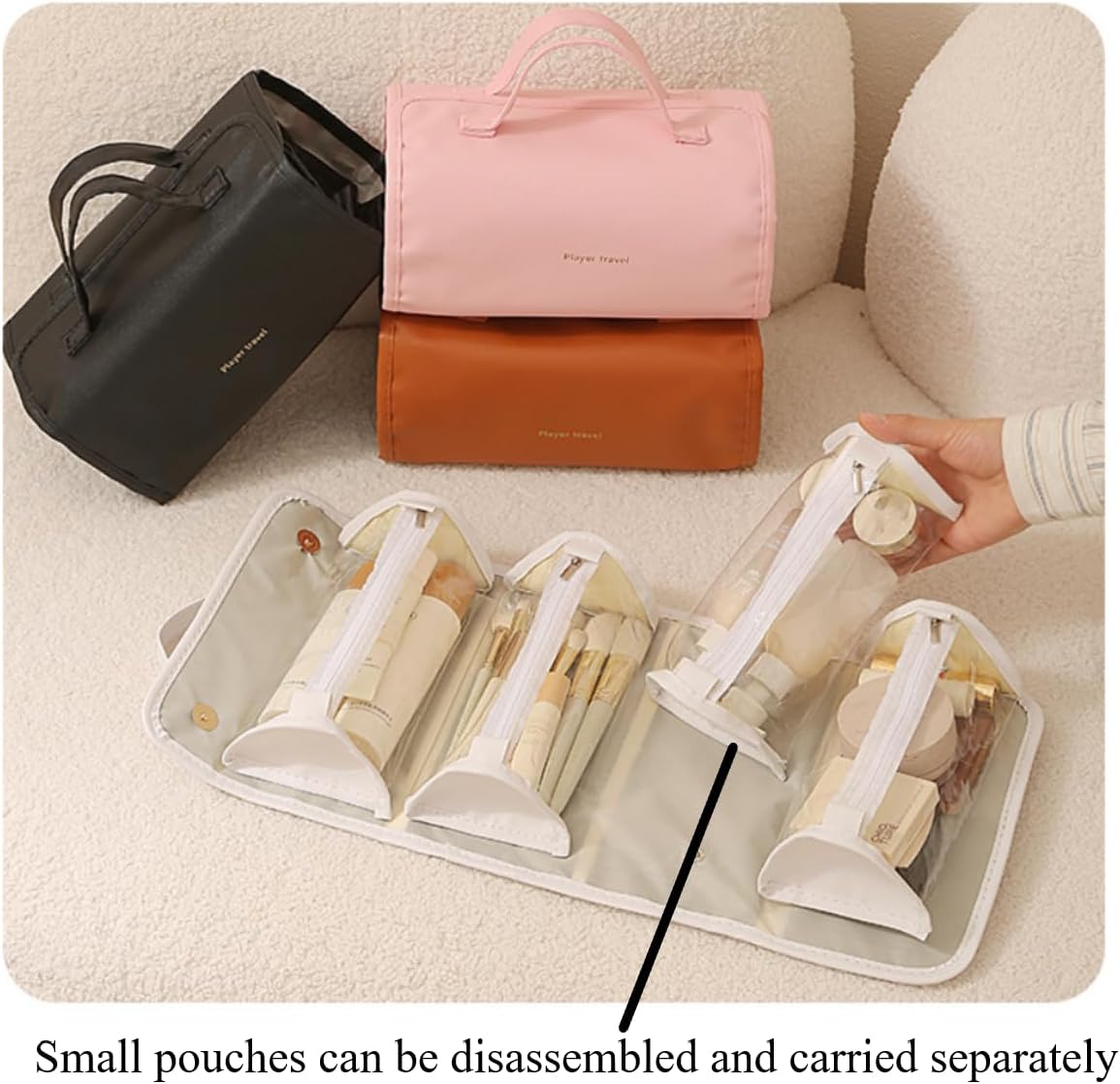 4-in-1 Cosmetic Pouch Travel Makeup Organizer Bag, Portable Toiletry Bag with Removable Pouches Cosmetic Case with Handle Waterproof PU Material (Pink)