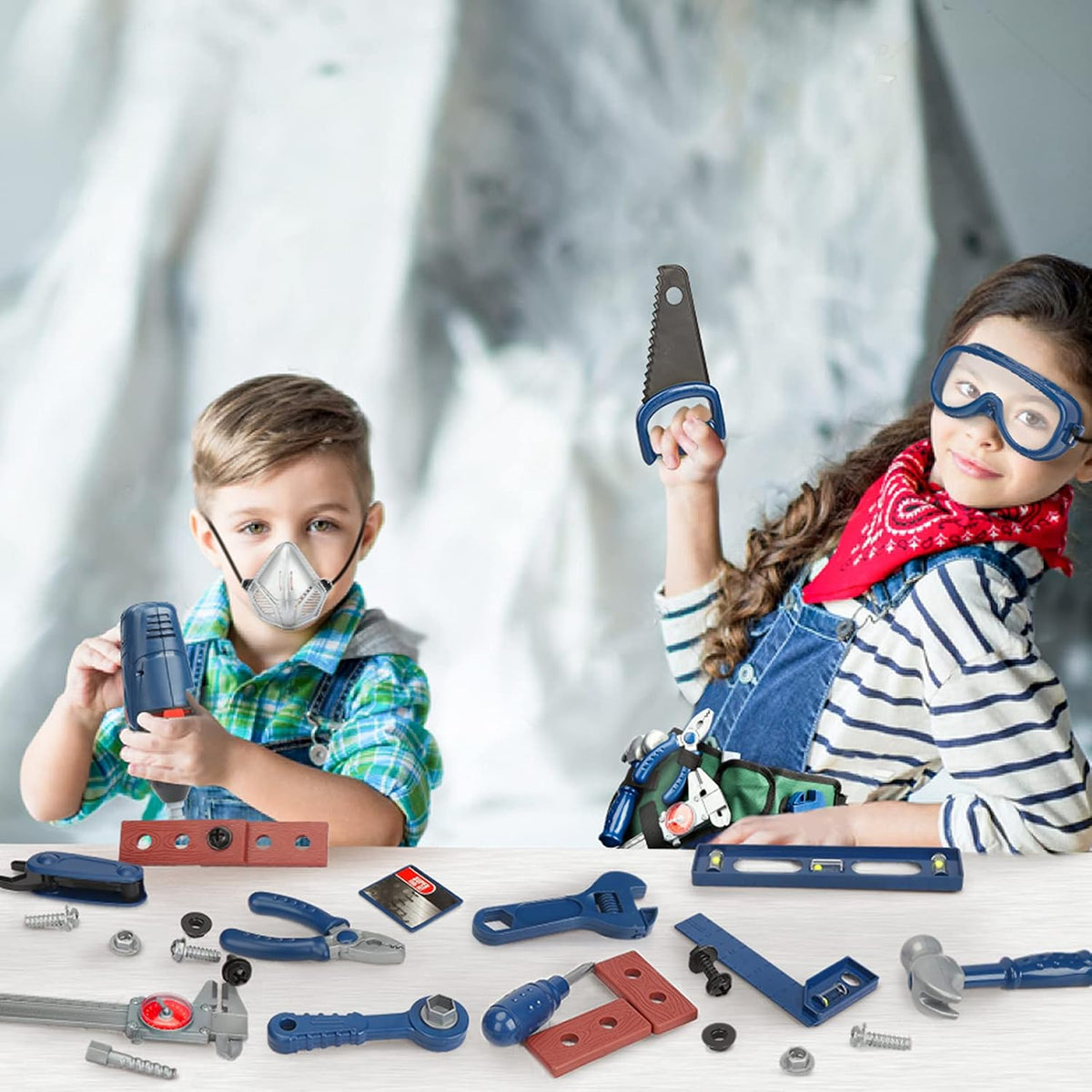 Vanplay Kids Toys Kids Tool Set Pretend Play Tools Kit with Electronic Toy Drill Tool Belt Toys for 3 4 5 6 Year Old Boys Girls (dark blue, 52 PCS)