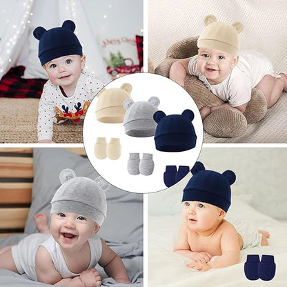 Newborn Baby Beanie Hat and Gloves (3pcs Baby Hats Caps & 3 Pairs Baby Mittens Gloves)