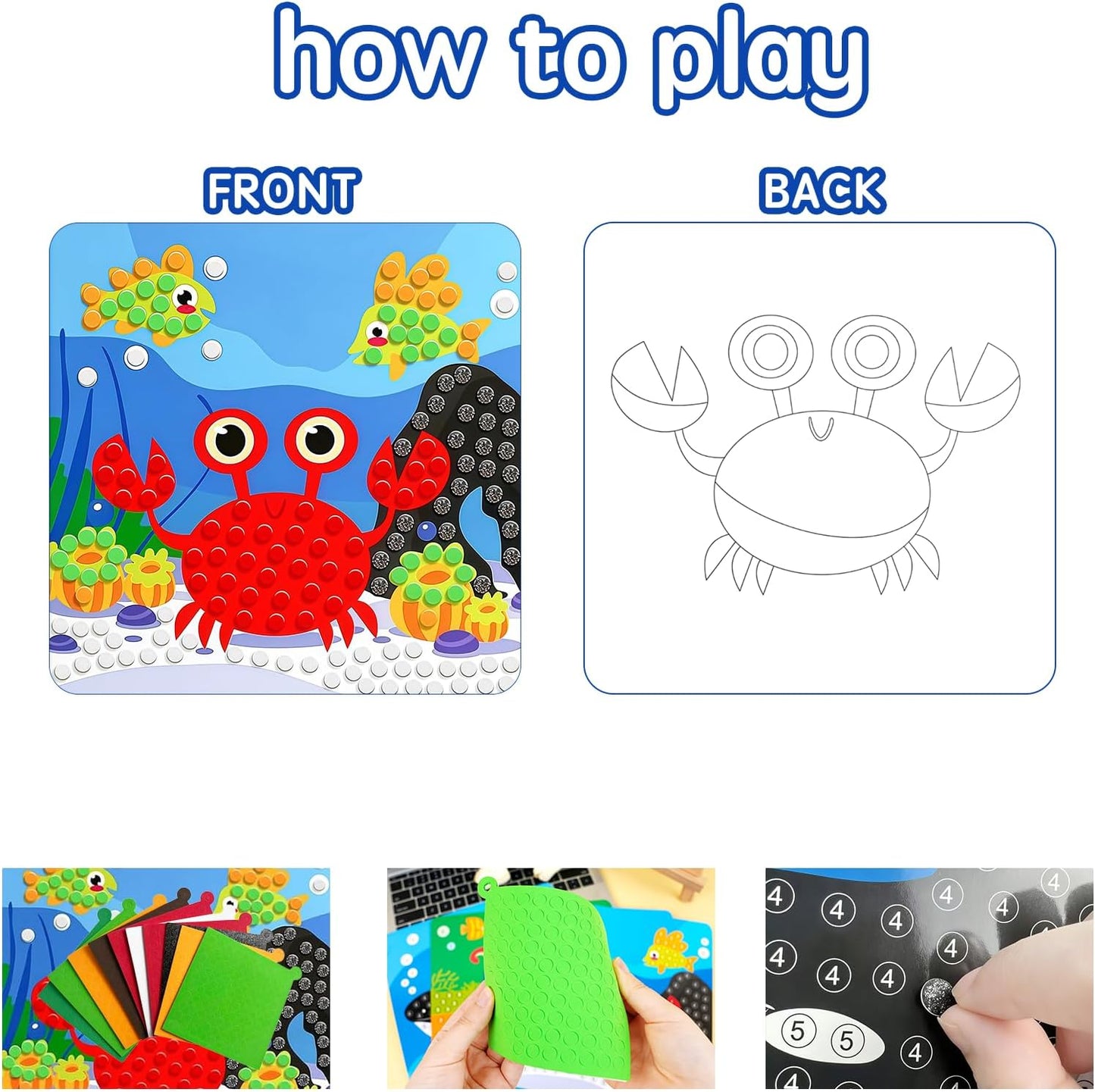 Mosaic Sticker Art Kit for Kids Age 3+, 8 Pack Ocean & Animal Crafts, Foam Mosaic Kits for Children, Peel and Stick DIY Art Set, Travel Activity Toy for Toddlers Boys Girls