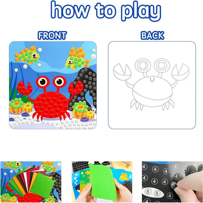 Mosaic Sticker Art Kit for Kids Age 3+, 8 Pack Ocean & Animal Crafts, Foam Mosaic Kits for Children, Peel and Stick DIY Art Set, Travel Activity Toy for Toddlers Boys Girls