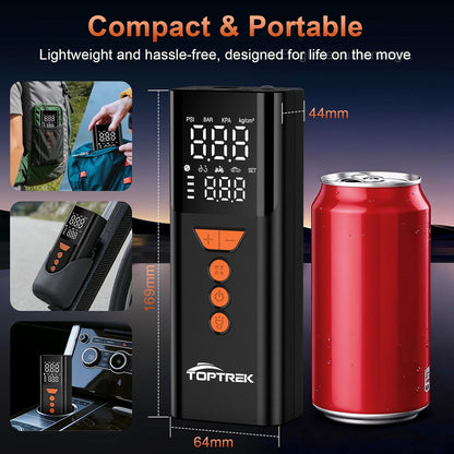 toptrek Cordless Tyre Inflator Air Compressor, 150 PSI Portable Electric Tyre Pump with Preset Value, Auto Shutoff & LED Light, 4000mAh Digital Air Pump with Power Bank for Car/Motorcycle/Bike/Ball