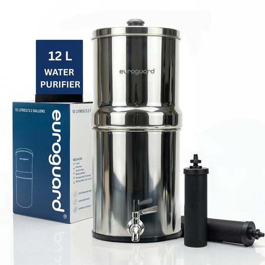 12L Gravity Water Filter – NSF/ANSI 42 & 372 Certified, IAPMO Tested, 304 Stainless Steel (Mirror Finish), 2x Activated Carbon Filters