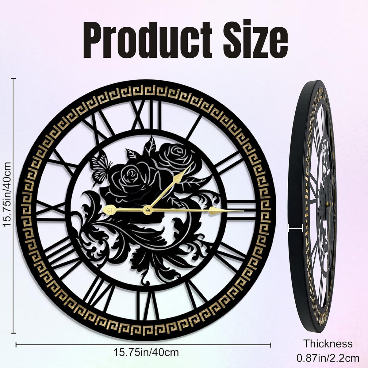 Large Wall Clock, Large Openwork Rose & Butterfly Wall Clocks, Silent Non Ticking Quartz Decorative Clock, Rust Resistant Metal Design, for Living Room, Bedroom, Kitchen