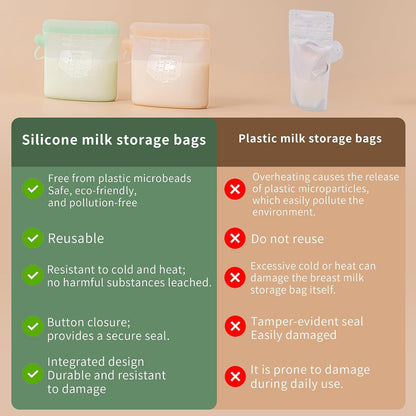 Reusable Silicone Breast Milk Storage Bags with Wide Opening, Double-Seal Design, One-Piece, Fridge and Freezer Storable (Green, 7 Packs)