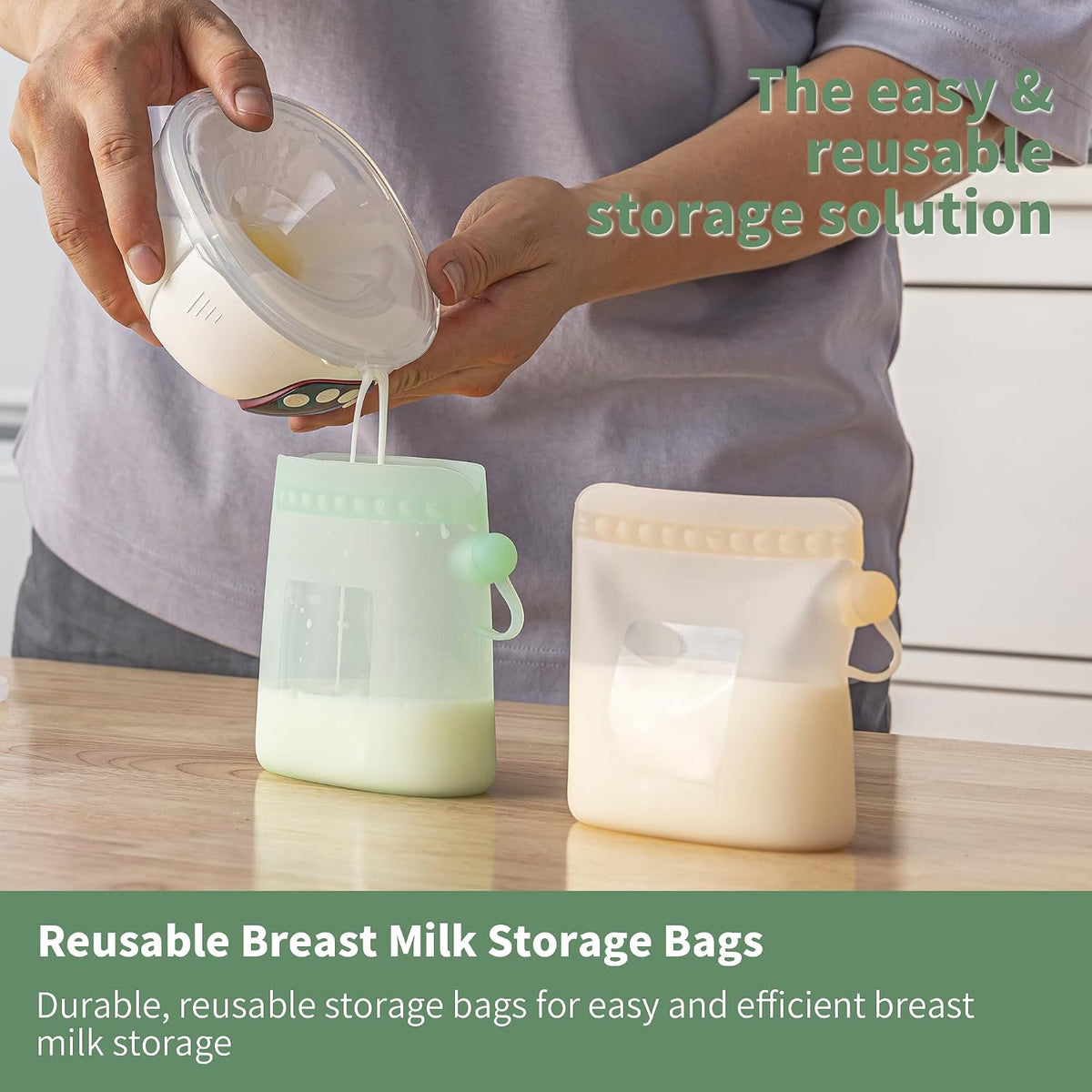 Reusable Silicone Breast Milk Storage Bags with Wide Opening, Double-Seal Design, One-Piece, Fridge and Freezer Storable (Green, 7 Packs)