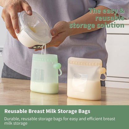 Reusable Silicone Breast Milk Storage Bags with Wide Opening, Double-Seal Design, One-Piece, Fridge and Freezer Storable (Green, 7 Packs)
