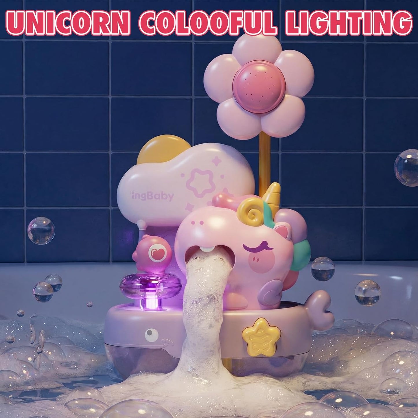 Unicorn Baby Bath Toys, 2 in 1 Automatic Bubble Machine with Led Light, Water Spray Shower Head | Bubble Maker Shower Toy, Interactive Light up Bathtub Toy for Toddlers 2-4 Year Old, Boy and Girl Gift