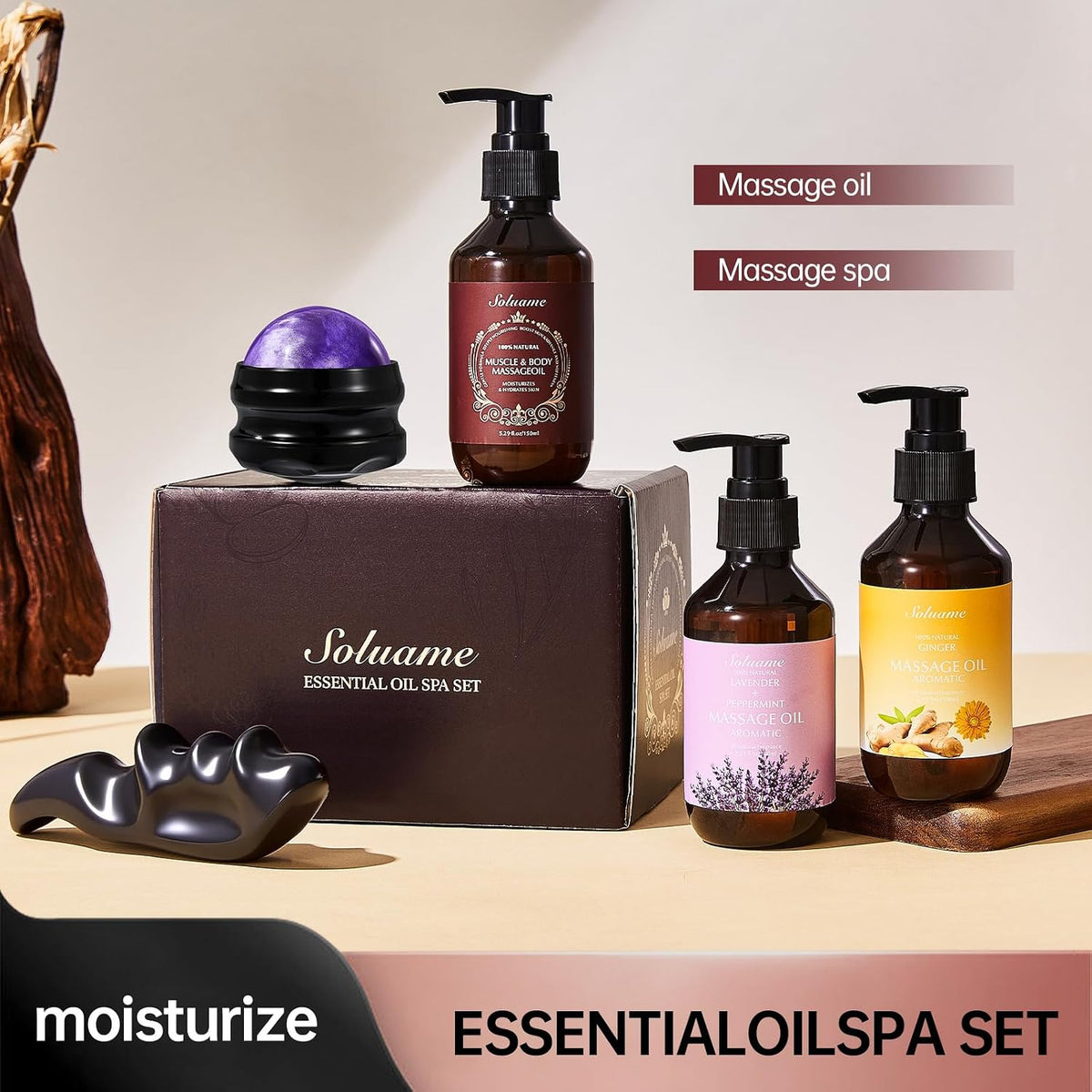 Body Massage Oil for Skin Moisturizing Soothing and Relaxing, 3 Pack Massage Oils with Massage Roller Ball and Thumb Saver Tool, Presents for Men and Women 150ml x 3