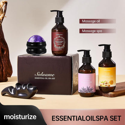 Body Massage Oil for Skin Moisturizing Soothing and Relaxing, 3 Pack Massage Oils with Massage Roller Ball and Thumb Saver Tool, Presents for Men and Women 150ml x 3