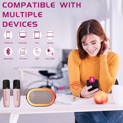 Tikimoon Pink Karaoke Machine Bluetooth Karaoke Machine Adults with 2 Wireless Microphones