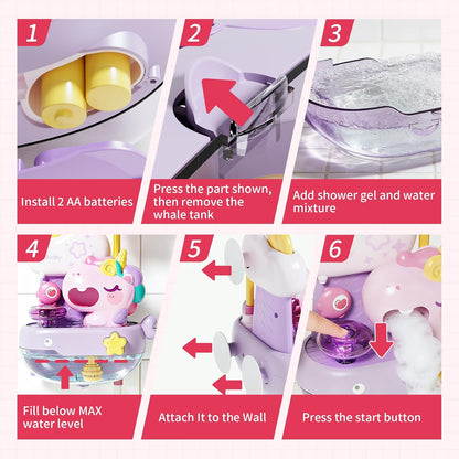 Unicorn Baby Bath Toys, 2 in 1 Automatic Bubble Machine with Led Light, Water Spray Shower Head | Bubble Maker Shower Toy, Interactive Light up Bathtub Toy for Toddlers 2-4 Year Old, Boy and Girl Gift