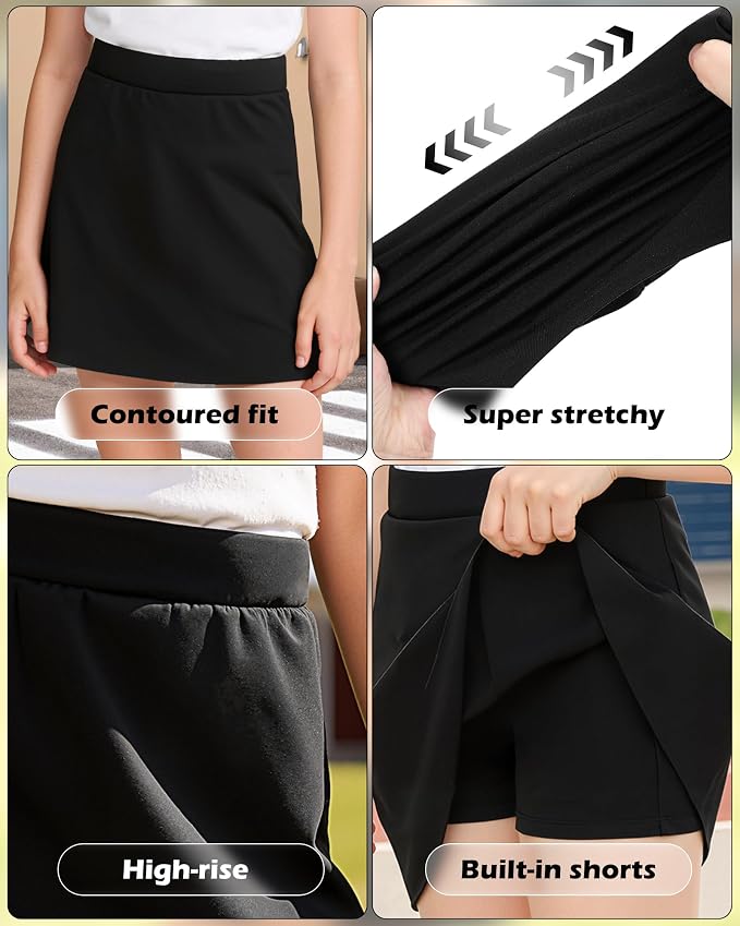 Girls Black Skort High Waist Pull-On,Built-in Cycling Shorts,High Stretch Breathable Fabric,School & Sports Skirt 14-15 years BLACK