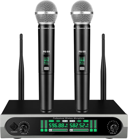 Wireless UHF Microphone System, w/ 2 Handhelds, Auto Scan,2x50 UHF Frequencies,200ft Range,Dynamic Microphone for Singing, Karaoke, Church