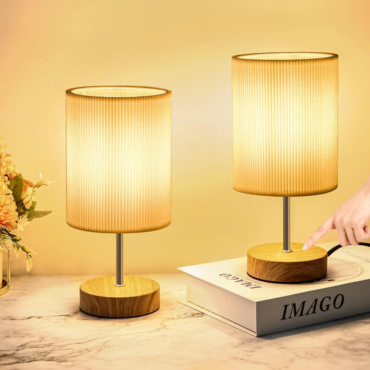 Touch Control Table Lamp Set of 2,3-Way Dimmable Bedside Lamps Nightstand Lamps with White Fabric Shade for Bedroom Living Room (Wood-2)