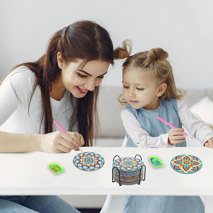 9 Pcs Diamond Art Coasters - DIY Mandala Diamond Painting Round Cup Coasters Kits Accessories with Holder for Beginners, Kids & Adults