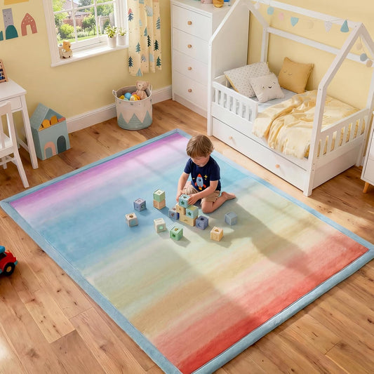 Large Play Mat for Kids, 3cm Thick Memory Foam Playpen Mat with Non-Slip Backing, Super Soft Synthetic Velvet Nursery Carpet for Floor, 150×200cm Colourful Crawling Mat, Rainbow Color