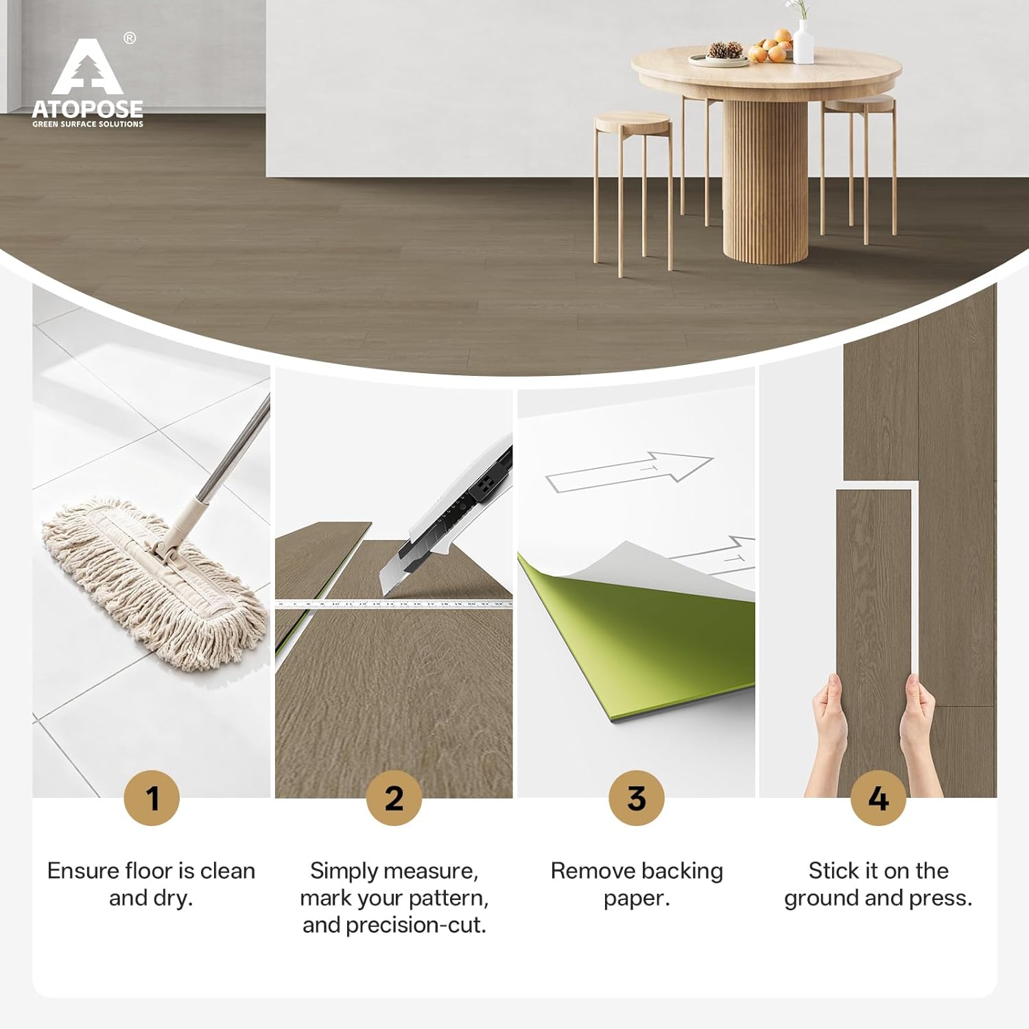 Step-by-step guide for installing peel and stick wood effect flooring by ATOPOSE in a modern dining setting