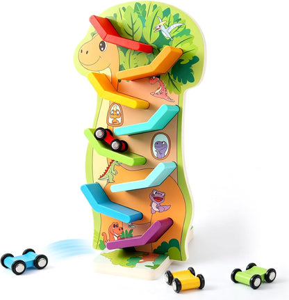 Dinosaur Wooden Car Ramp with 4 Mini Cars - Toys for 1 2 3 Year Olds Boys