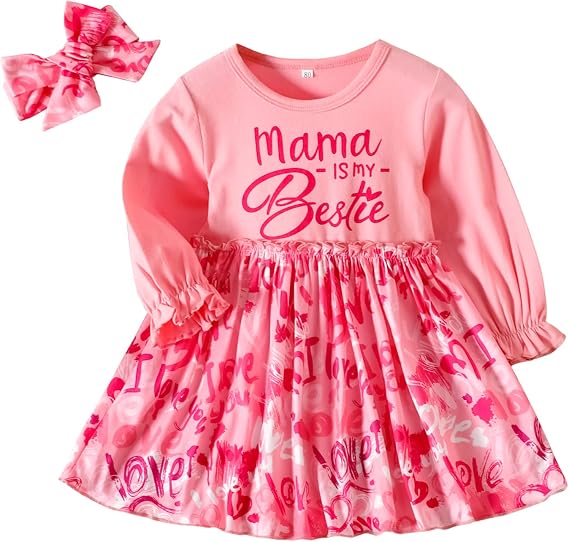 Baby Girl Dress Toddler Long Sleeves Love Heart Dresses Pink Party Princess Dress Infant Girls Clothes 2pcs Spring Fall Outfit Set (12-18 Months)
