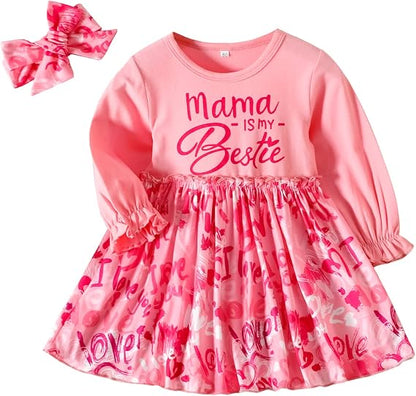 Baby Girl Dress Toddler Long Sleeves Love Heart Dresses Pink Party Princess Dress Infant Girls Clothes 2pcs Spring Fall Outfit Set (12-18 Months)