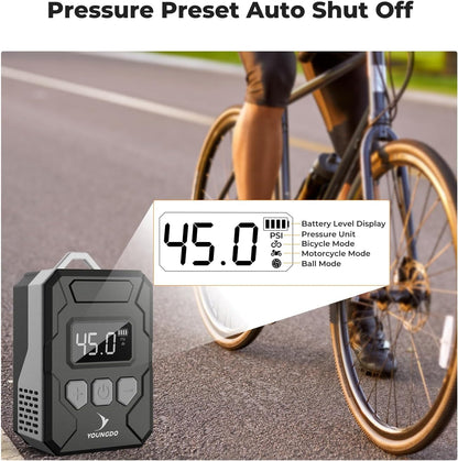 150PSI mini Bike Pump, YOUNGDO Tire Inflator with Digital Pressure Gauge, Auto Stop Type-C Function