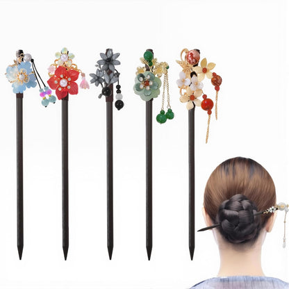 5 Pack Chinese Wood Hair Sticks With Tassel, Dangling Crystal Beads, Charm Fork - Long Straight Chopstick Picks for Twist Bun Holder - Women's Accessories