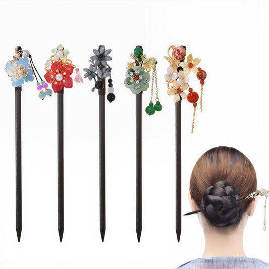 5 Pack Chinese Wood Hair Sticks With Tassel, Dangling Crystal Beads, Charm Fork - Long Straight Chopstick Picks for Twist Bun Holder - Women's Accessories