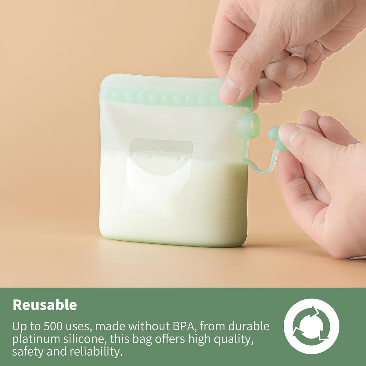 Reusable Silicone Breast Milk Storage Bags with Wide Opening, Double-Seal Design, One-Piece, Fridge and Freezer Storable (Green, 7 Packs)