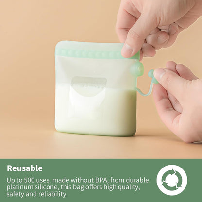 Reusable Silicone Breast Milk Storage Bags with Wide Opening, Double-Seal Design, One-Piece, Fridge and Freezer Storable (Green, 7 Packs)