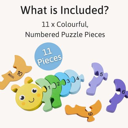 Jaques of London Wooden Number Puzzle | Counting Caterpillar Toddler Wooden Jigsaw with 11 Pieces | Educational Wooden Puzzle for 1 – 3 Year Olds | Since 1795