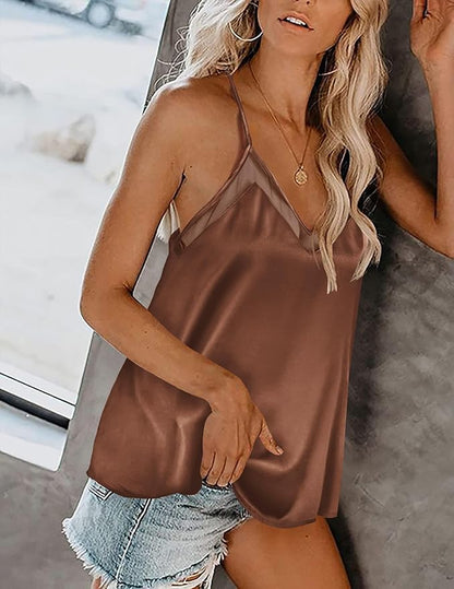 2 Pieces Womens Camisoles Tops Satin Vests Top Adjustable Spaghetti Straps Mesh Tank Tops XL